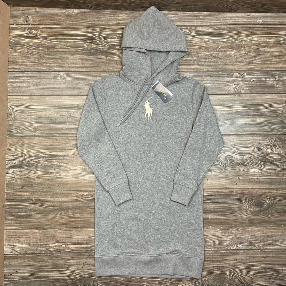 Polo Ralph Lauren Big Pony Fleece‎ Hoodie Sweatshirt Dress Grey Size XS NWT $168 - Picture 10 of 11